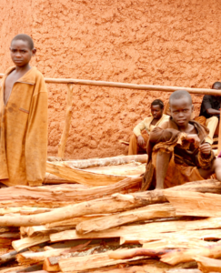 Children in traditional robes sitting near a pile of wood in a Burundian village