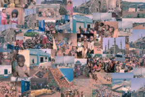A collage of various images depicting scenes from different cultures and landscapes, including children smiling, community gatherings, architectural structures, and service facilities