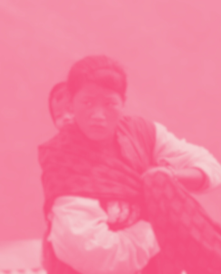 Monochromatic red image of a person with a serious expression, wearing traditional Nepali clothing, with a blurred background